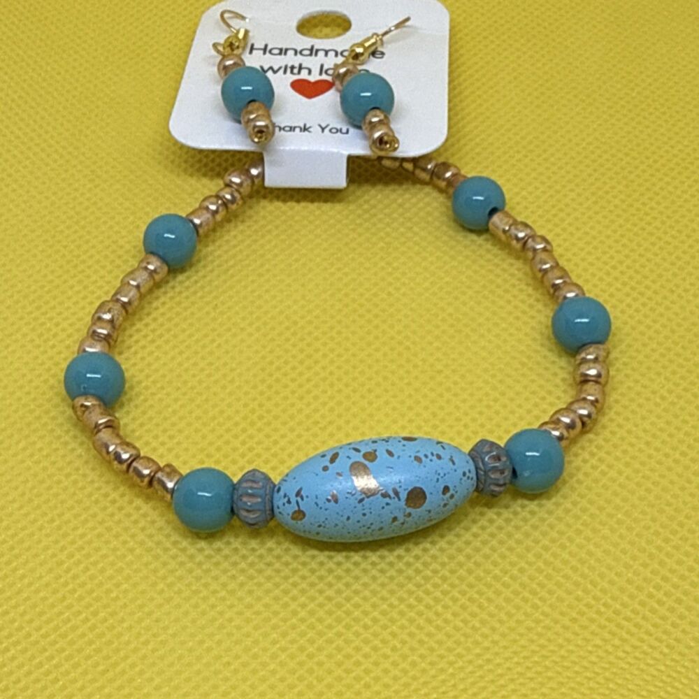 Handmade Blue Gold Glass Metal Beaded Bracelet Earrings Jewelry Set Women